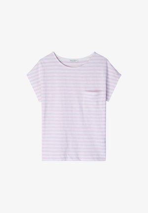 Damen-T-Shirt mit kurzen Ärmeln, hellrosa-weißen horizontalen Streifen und einer kleinen Brusttasche vor weißem Hintergrund.