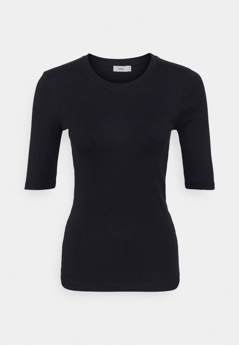 Svart kortermet t-skjorte laget av glatt, elastisk stoff. Har en rund hals og en tettsittende design. Minimalistisk stil uten mønstre.