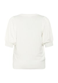 White knit sweater featuring puff sleeves, a round neckline, and ribbed cuffs and hem. Soft texture with a relaxed fit.