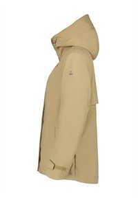 Beige wasserfeste Jacke mit Kapuze, Reißverschluss, Seitentaschen und Klettverschlüssen. Mit einem dezenten Logo auf dem linken Ärmel. Glatte Textur.