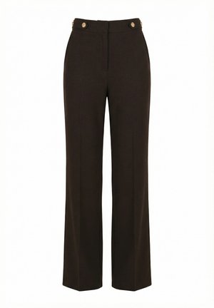 Pantaloni neri a gamba larga, a vita alta, sartoriali, con bottoni dorati sulla cintura frontale, cerniera anteriore e tasche laterali.