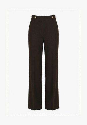 Pantalon large noir taille haute avec boutons dorés sur la ceinture avant, fermeture éclair avant et poches latérales.