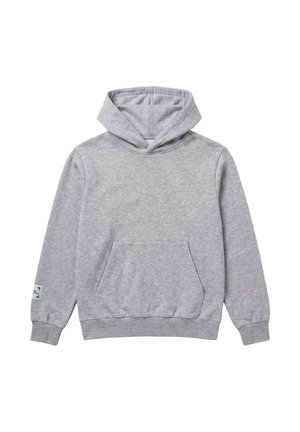 Jasnoszara bluza z kapturem typu pullover z długimi rękawami, przednią kieszenią kangurzą, ściągaczami na mankietach i u dołu oraz małą metką na lewym rękawie.
