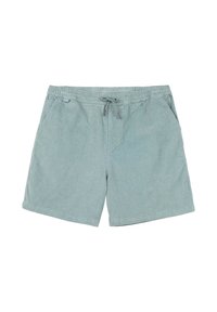 Shorts en coton vert clair avec une taille élastique, fermeture à cordon, poches latérales et un détail de logo discret sur l'ourlet inférieur.