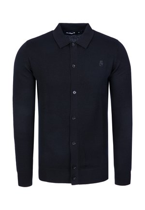 Cardigan nero a maniche lunghe con bottoni, colletto e logo sottile sul petto a sinistra, mostrato su uno sfondo semplice.