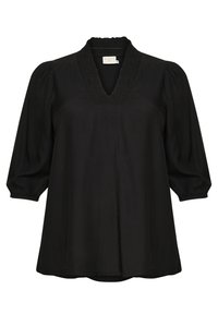 Blouse noire avec un décolleté en V, des manches bouffantes trois-quarts, et des détails smockés sur le col. Tissu doux avec une coupe décontractée.