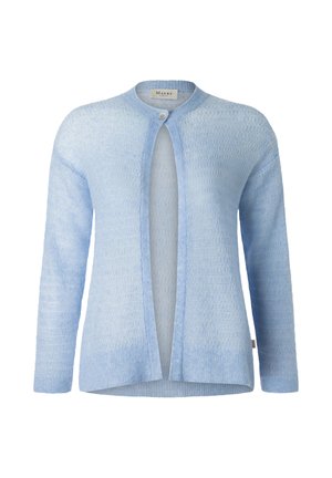 Cardigan azzurro chiaro lavorato a maglia con maniche lunghe, scollo rotondo e chiusura con un solo bottone sulla parte superiore anteriore.