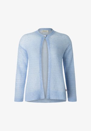 Hellblauer Strickcardigan mit langen Ärmeln, rundem Ausschnitt und einem einzelnen Knopfverschluss vorne oben.