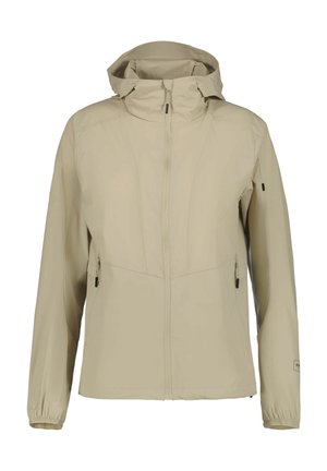 Světlé béžová kapucí vybavená bunda na zip s dlouhými rukávy, elastickými manžetami a na zip uzavíratelnými bočními kapsami, zobrazena zepředu na bílém pozadí.