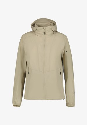 Veste à capuche beige clair avec fermeture éclair, manches longues, poignets élastiques et poches latérales zippées, vue de face sur un fond blanc.