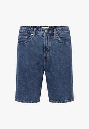 Modré džínové kraťasy se zapínáním vpředu na knoflík a zip, poutky na opasek, dvěma předními kapsami a klasickým rovným střihem nad koleno.