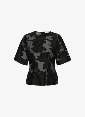 Sort blomstret broderet top med korte ærmer, gennemsigtig stof, rund halsudskæring og en lynlås bagpå. Struktureret blomsterdesign.