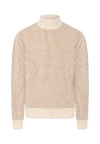 Beżowy sweter z golfem wykonany z teksturowanej dzianiny. Posiada prążkowane mankiety i dół. Klasyczny krój z lekko luźną sylwetką.