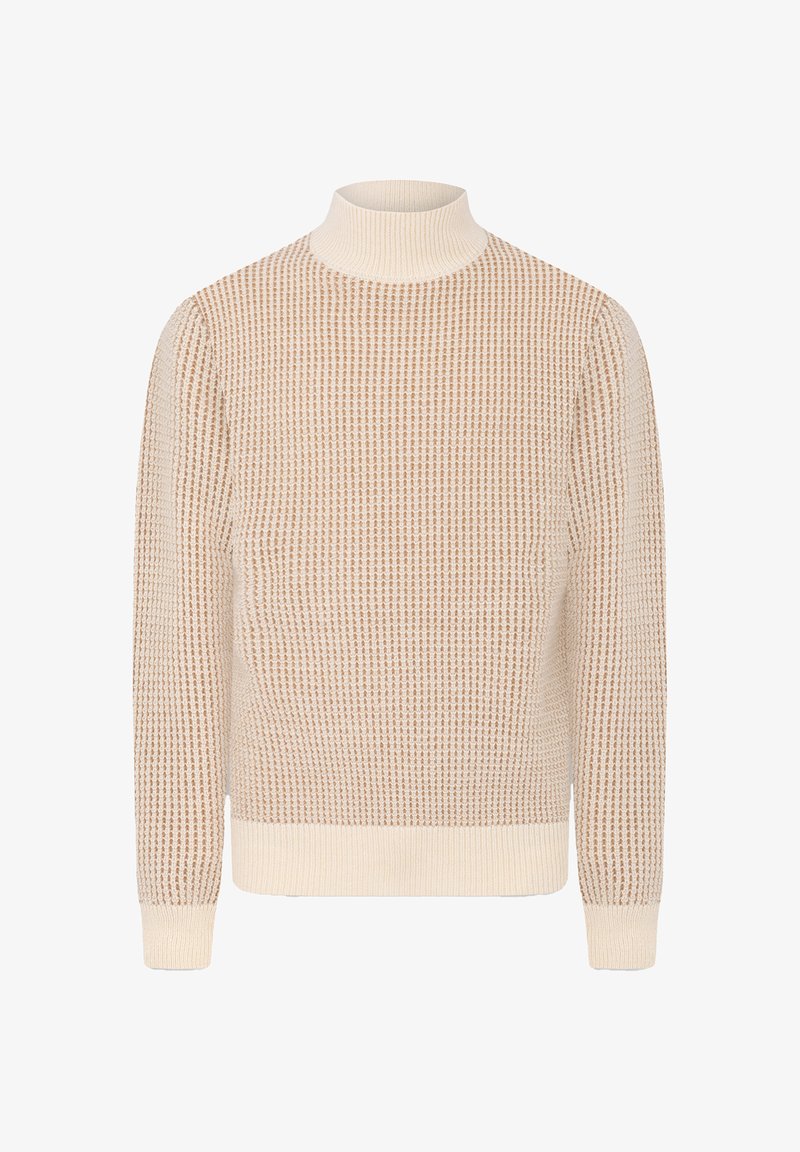 Beige coltrui gemaakt van textuurgebreide stof. Heeft ribgebreide manchetten en zoom. Klassieke pasvorm met een iets losse silhoeet.