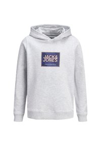 Grå hoodie gjord av mjukt tyg med en frampatch i blått och vitt. Har en dragsko i huva och ribbade ärmar och nederkant.