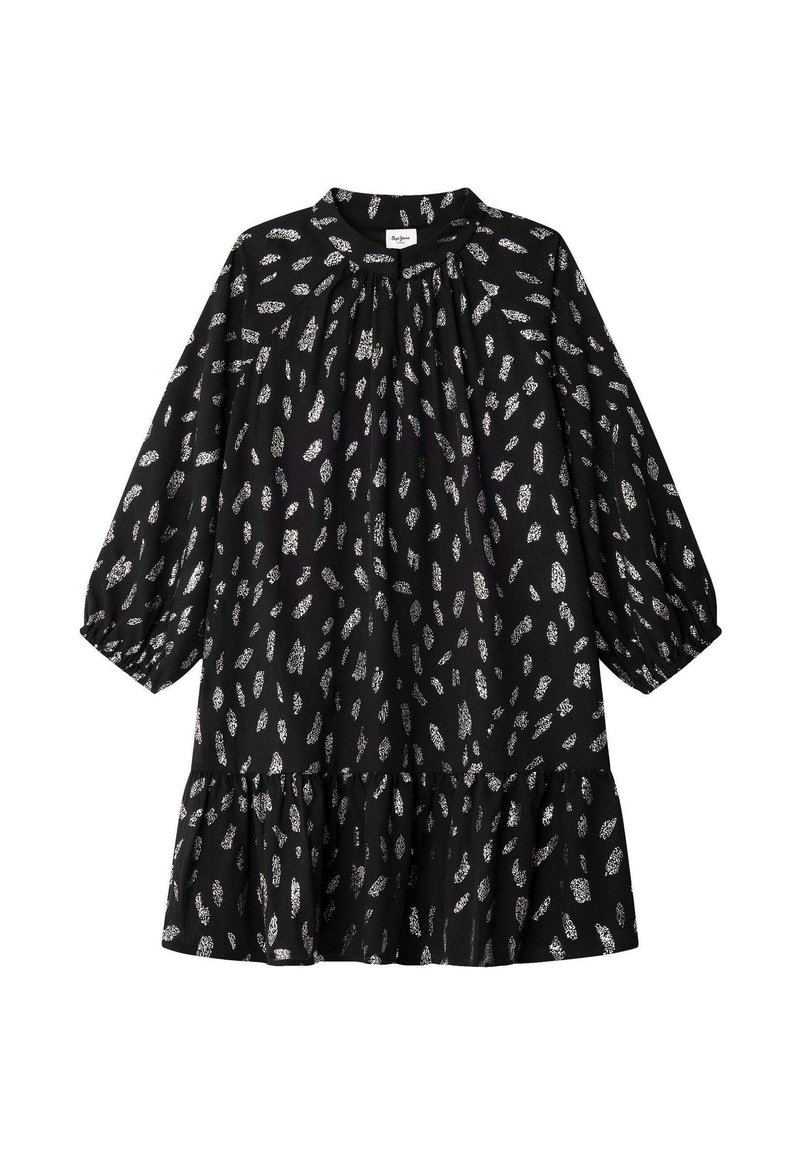 Vestido negro con patrón de hojas plateadas, mangas largas tipo globo, escote fruncido y dobladillo con volantes en capas. Hecho de una tela ligera.