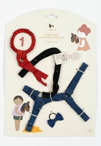 Hobby horse dressage set featuring black and navy harness made of organic cotton, red award ribbon, and blue fabric bow accent.