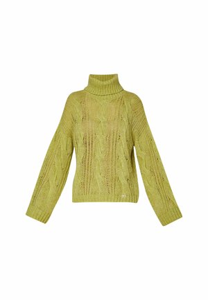 Maglione lavorato a maglia di colore verde chiaro con collo alto, maniche ampie e motivo a treccia. Presenta un dettaglio del logo sull'orlo.