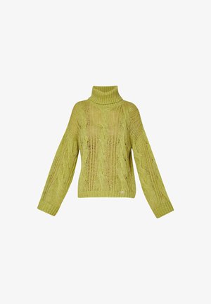 Maglione lavorato a maglia di colore verde chiaro con collo alto, maniche ampie e motivo a treccia. Presenta un dettaglio del logo sull'orlo.