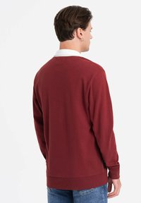 Burgunderroter Pullover mit langen Ärmeln, gerippten Bündchen und Saum, mit einem weißen Kragen und glatter Textur, von hinten betrachtet.