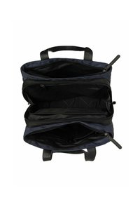 Bolso azul marino con acentos negros. Compartmentes de doble cremallera, forro de tela y asas resistentes. Cuenta con bolsillos internos para una mejor organización.