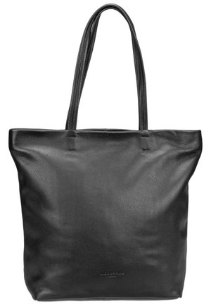 Sac cabas en cuir noir avec deux longues anses, texture grainée et embossage discret de la marque près du centre inférieur.