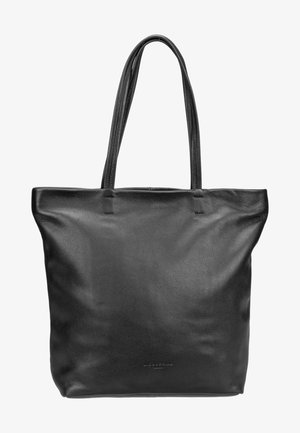 Schwarze Leder-Tasche mit zwei langen Griffen, genarbter Textur und subtiler Markenprägung nahe der unteren Mitte.