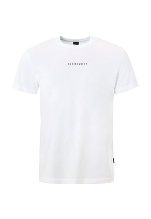 T-shirt bianca a maniche corte con scollo a girocollo e la parola "KLEINIGKEIT" stampata in piccole lettere nere al centro del petto.