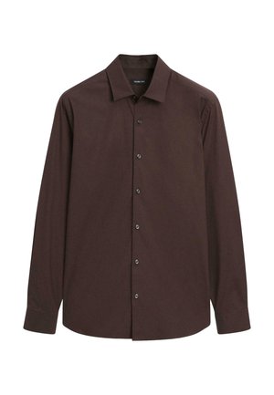 Men's long-sleeve dark brown button-up shirt with collar, straight hem, and front buttons, displayed on a white background.