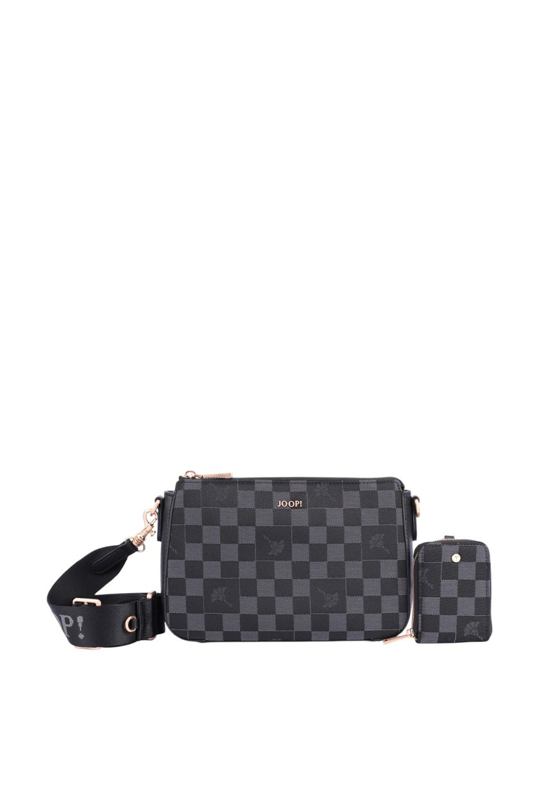 Borsa a tracolla nera a scacchi con hardware dorato, materiale testurizzato, portacard staccabile e tracolla regolabile con dettagli del logo.