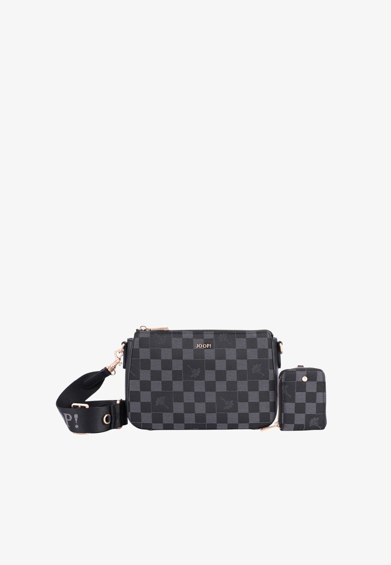 Sort ternet crossbody taske med guldhardware, tekstureret materiale, aftagelig kortholder og justerbar rem med logodetalje.