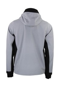 Ljust grå jacka med svart huva, featuring långa ärmar och sidopaneler. Slät textur med minimala sömmar och ingen synlig hårdvara.