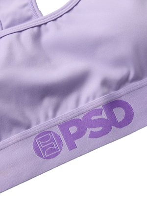 Fascia sportiva viola con tessuto morbido, ampia banda elastica con logo "PSD". Texture liscia e design del collo rotondo per il comfort.