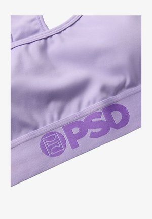 Fascia sportiva viola con tessuto morbido, ampia banda elastica con logo "PSD". Texture liscia e design del collo rotondo per il comfort.