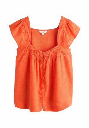 Orange Leinenbluse mit kurzen Puffärmeln, durchgehender Knopfleiste, rechteckigem Ausschnitt und gerafften Details über der Brust.