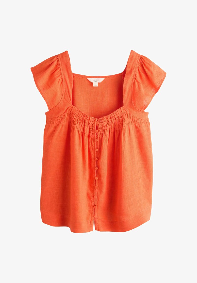 Blouse en lin orange avec manches courtes bouffantes, fermeture devant à boutons, encolure carrée et détails plissés sur la poitrine.