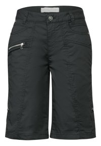 Černé kraťasy ke kolenům vyrobené z lehké tkaniny, s kapsou na zip, bočními švy a knoflíkovým zapínáním v pase.