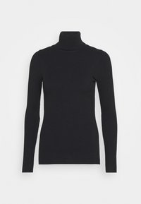Pull à col roulé noir à côtes, manches longues, coupe ajustée et texture douce, avec un col haut et un style minimaliste.