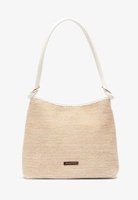 Beżowa pleciona torba na ramię z teksturowanym wzorem zygzaka, białym skórzanym paskiem na ramię i złotymi detalami na froncie.