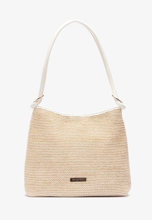 Borsa a spalla beige in tessuto intrecciato con un motivo a zigzag testurizzato, spallina in pelle bianca e dettagli in hardware tono oro sul davanti.