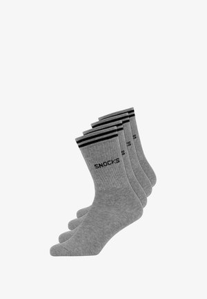 Gray cotton socks, featuring black stripes at the top and "SNOCKS" printed on the side, displayed in a set of four.