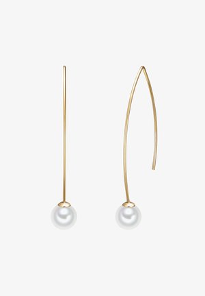 Zlato-tonirane viseče uhane, ki se ponašajo s sleek podolgovato obliko in sijočo belo biserno kroglico na koncu vsakega kljuka.