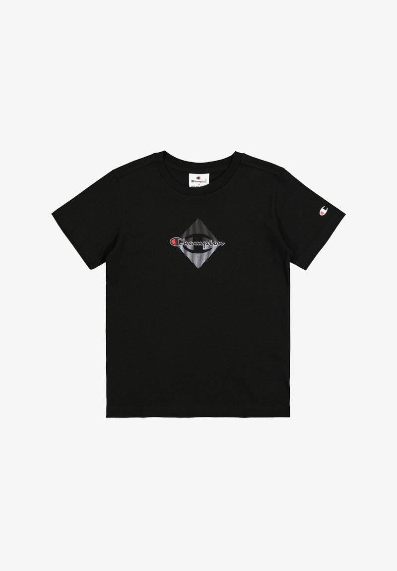 Czarny bawełniany t-shirt z krótkimi rękawami, z diamentowym logo w białym i czerwonym kolorze na piersi oraz małym logo na rękawie.