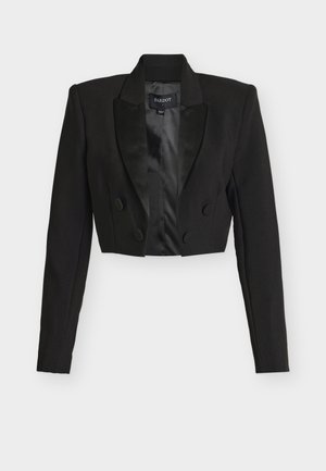 Schwarzer, kurz geschnittener Blazer mit Satinrevers, doppelt geknöpft und langen Ärmeln. Hergestellt aus strukturiertem Stoff mit glattem Innenfutter.
