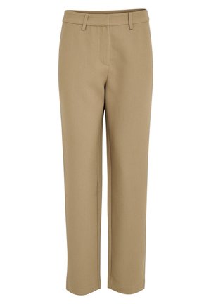 Tan tailored trousers with a straight leg design, belt loops, and side pockets, made from a smooth fabric with a structured finish.