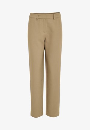 Pantaloni beige su misura con design a gamba dritta, passanti per cintura e tasche laterali, realizzati in un tessuto liscio con una finitura strutturata.