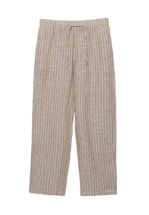 Beige Leinenhose mit Kordelzug, weißen vertikalen Streifen, elastischem Bund und lockerer, gerader Passform.