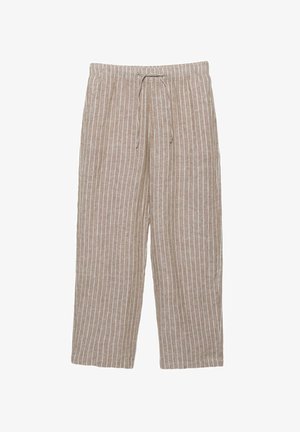 Pantalon en lin beige à cordon de serrage avec rayures verticales blanches, taille élastique et coupe droite décontractée.