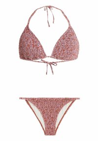 Bikini set in een geweven, kleurrijke stof. De top heeft een driehoekig ontwerp met strikjes, en de onderkant heeft een klassieke lage snit.
