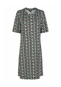 Kurz�ärmliges Kleid mit geometrischem Muster in Schwarz, Weiß, Pink und Grün. Hergestellt aus leichtem, glattem Material. V-Ausschnitt-Design.